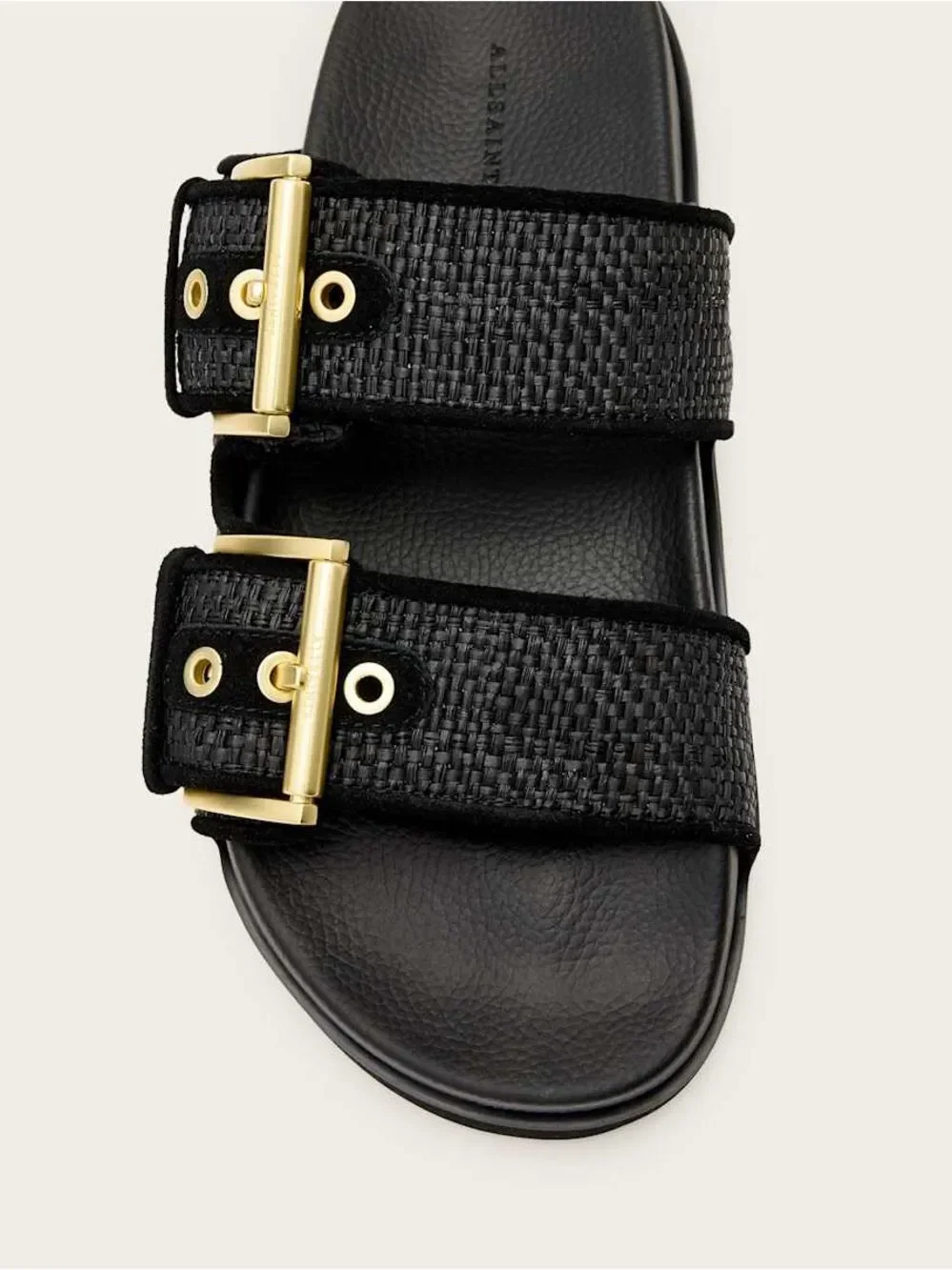 AllSaints Black Woven Double-Strap Slides with Metallic Buckles SB9